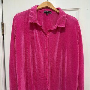 Almost Famous Pink Crinkle Button up Blouse, bright pink, 3X